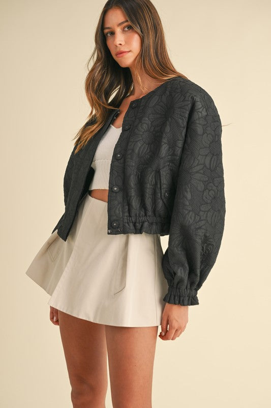 Black Floral Quilted Bomber Jacket