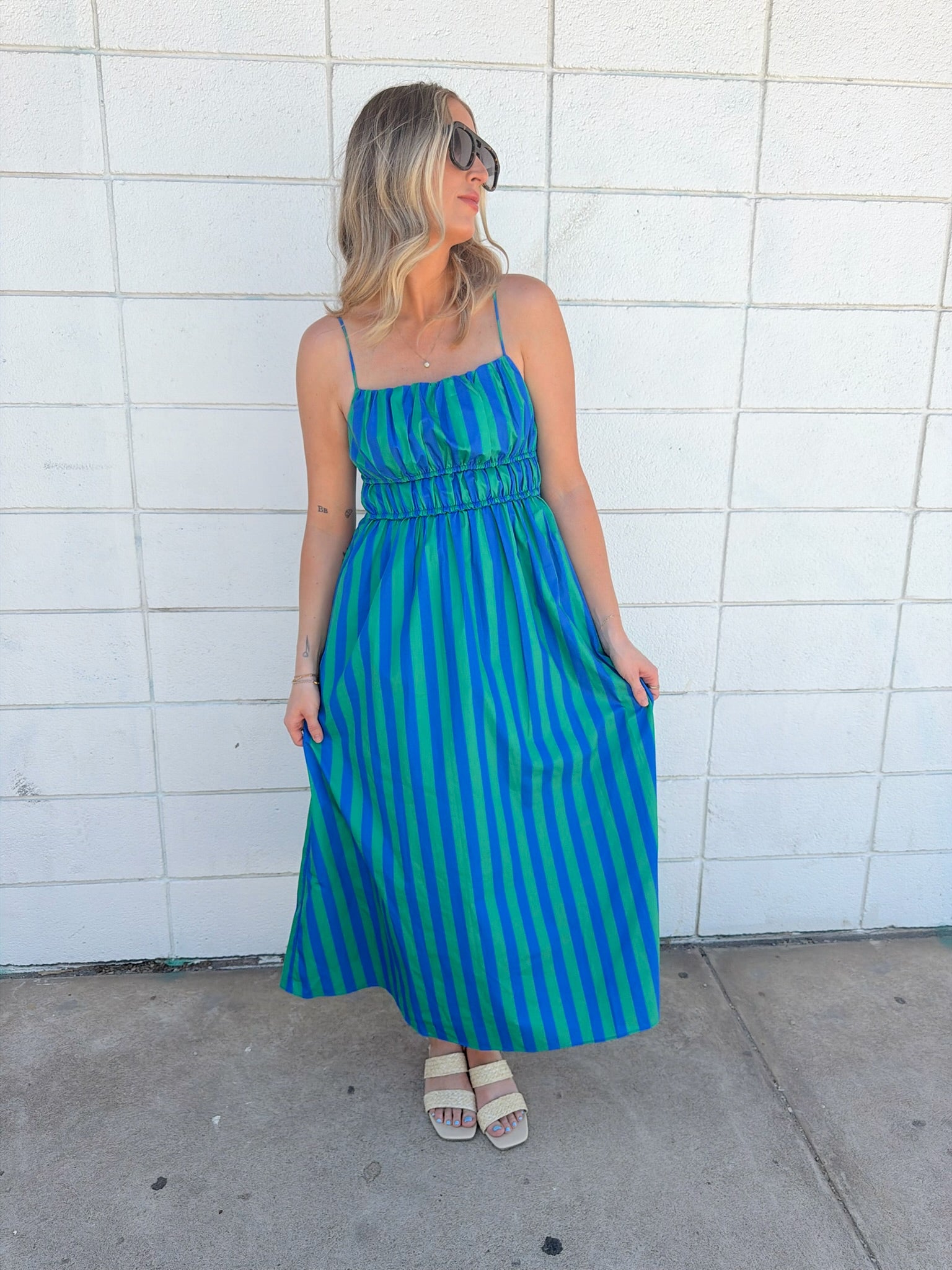 English Factory Striped Smocked Waist Midi Dress