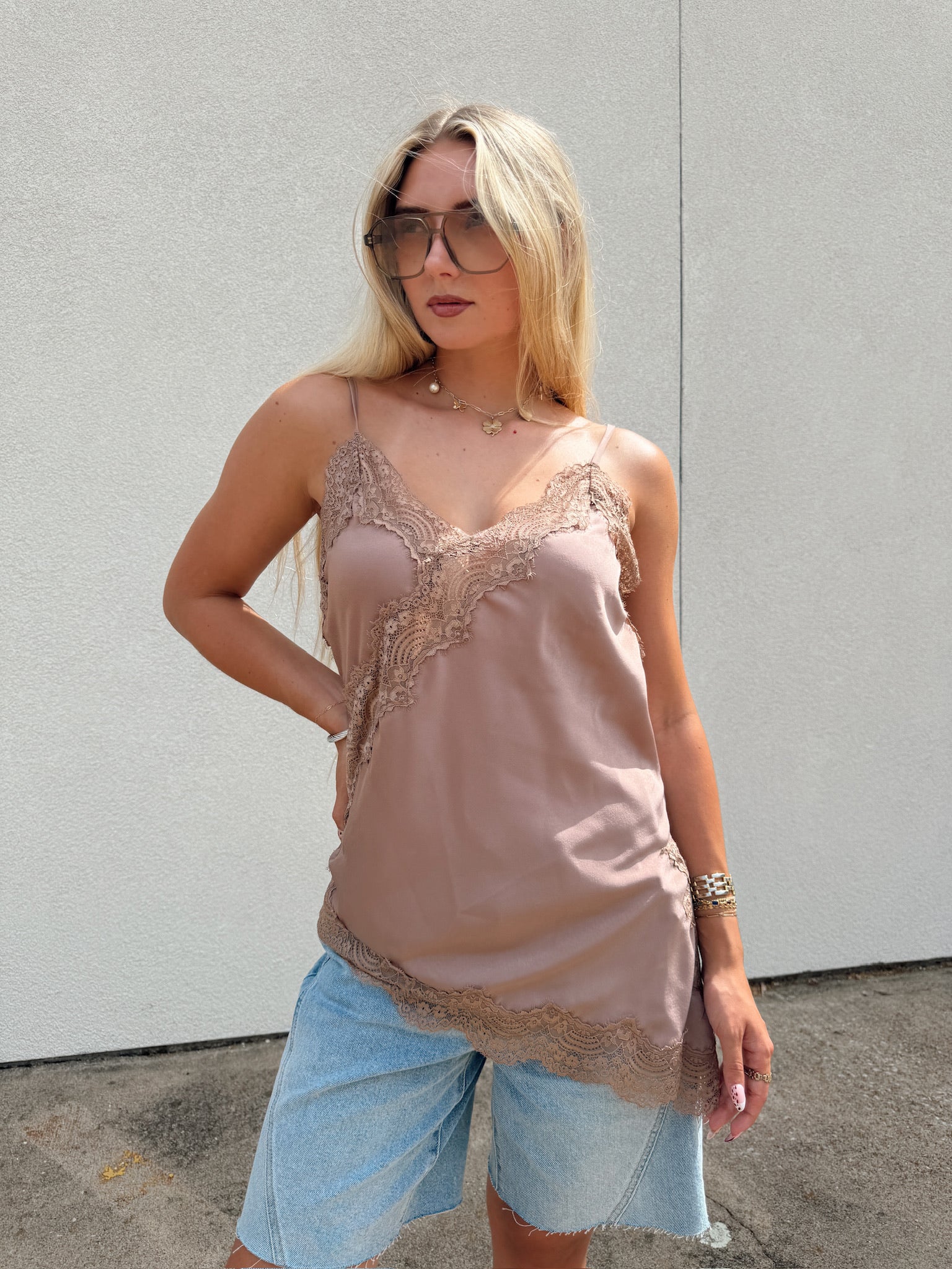 Diana Asymmetrical Lace Tank - Mocha