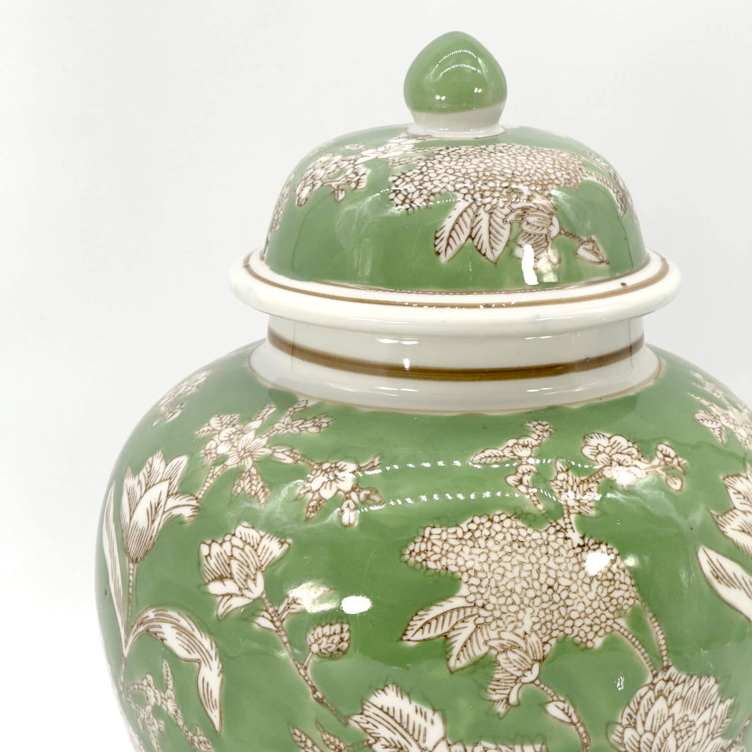 Green & White  Floral Peony Ceramic Chinoiserie Jar 12" - STORE PICK UP ONLY