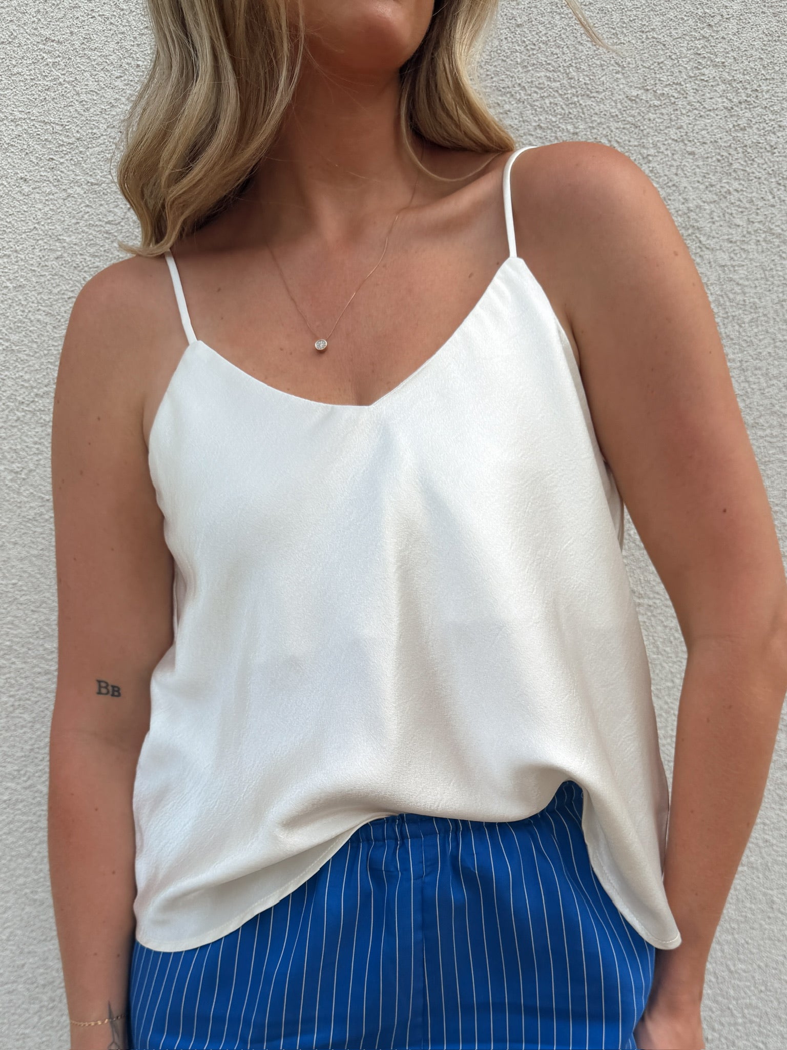 Satin V Neck Tank - White
