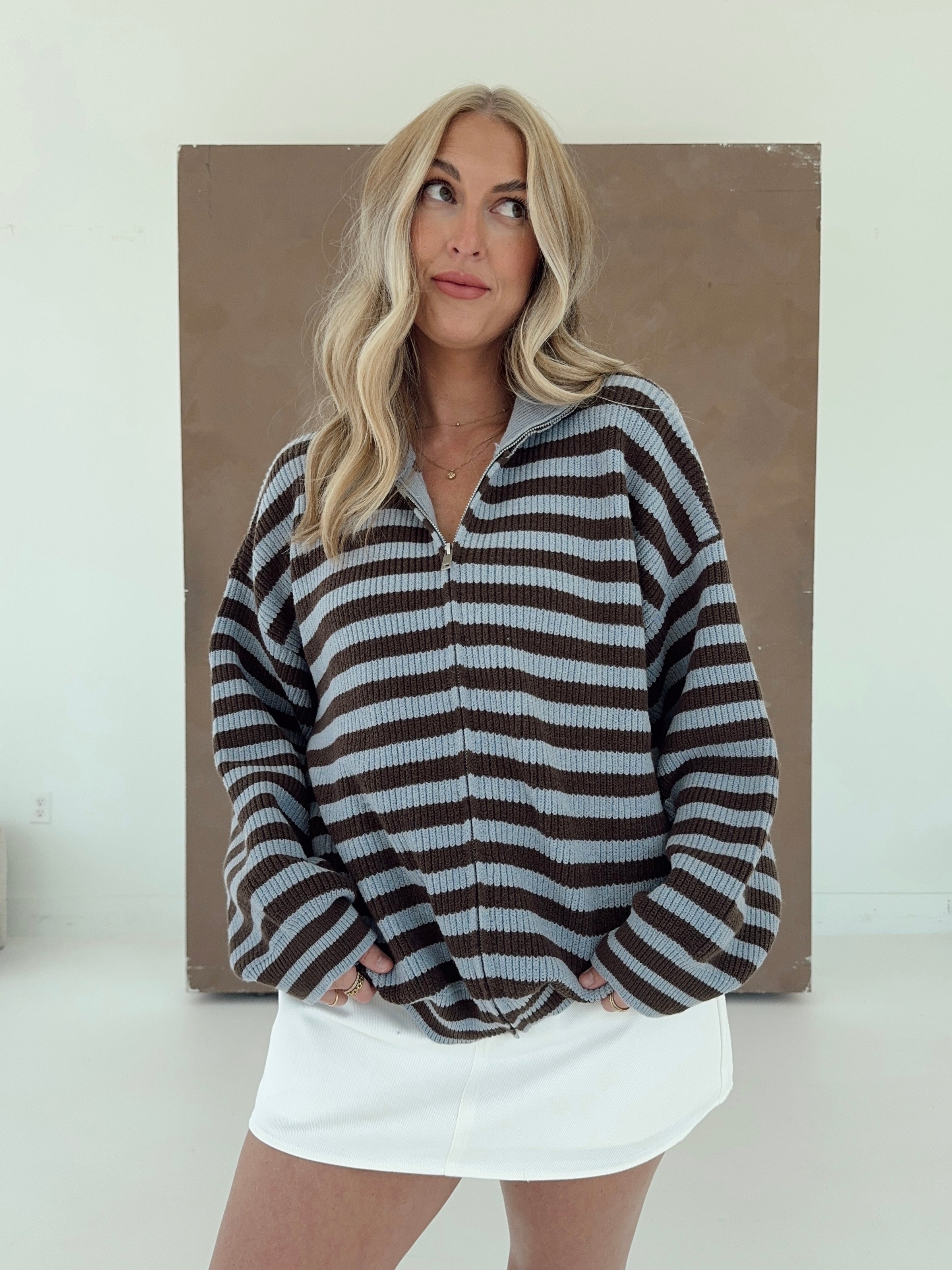 brown and blue stripe zip up sweater