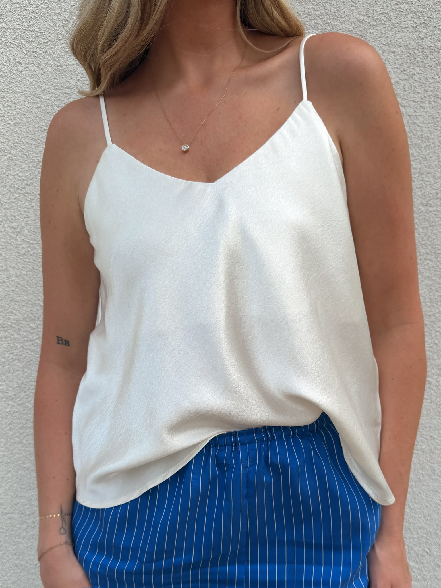 Satin V Neck Tank - White