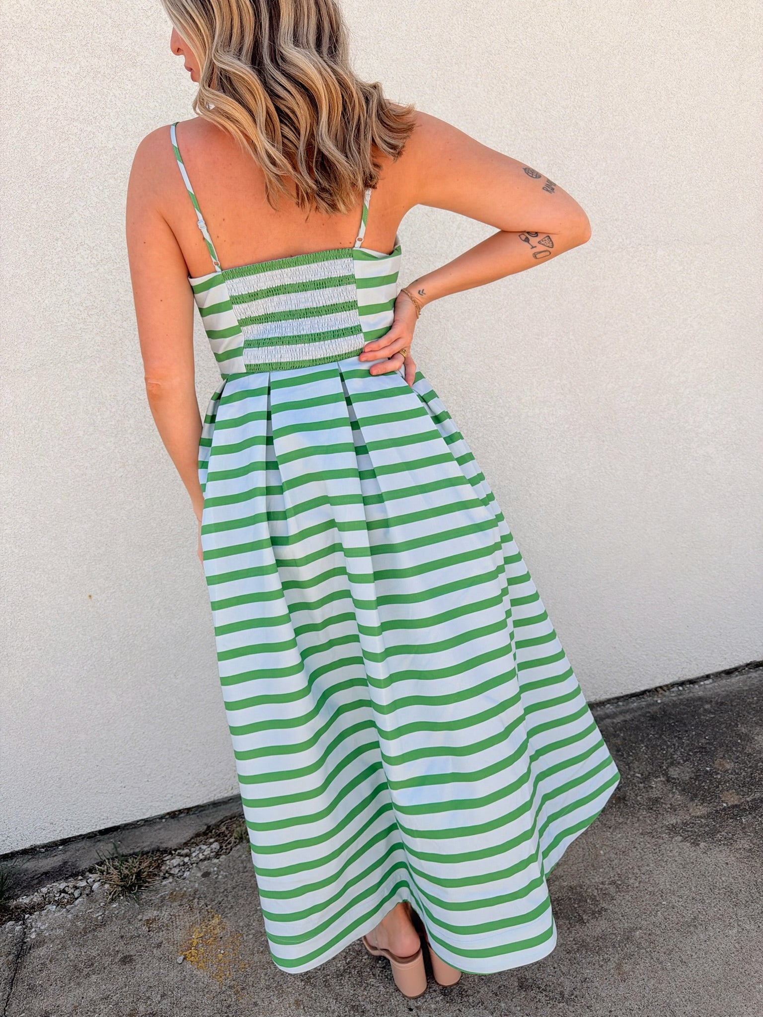English Factory Striped Pleated Midi Dress