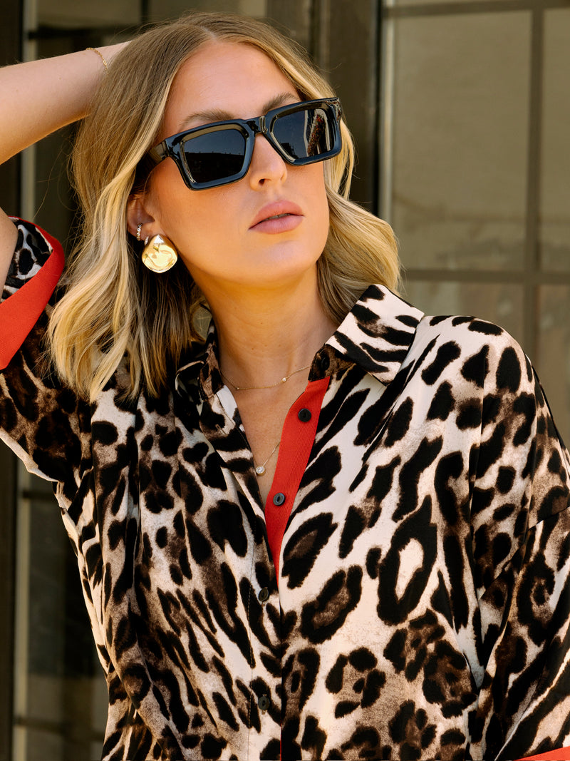 Red Stripe Leopard Satin Button Up