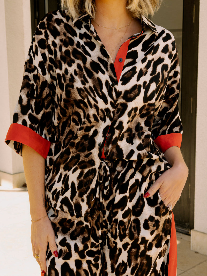 Red Stripe Leopard Satin Button Up