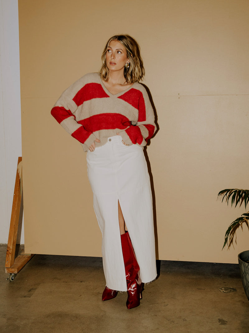 Heya Stripe Pullover - Red/Taupe