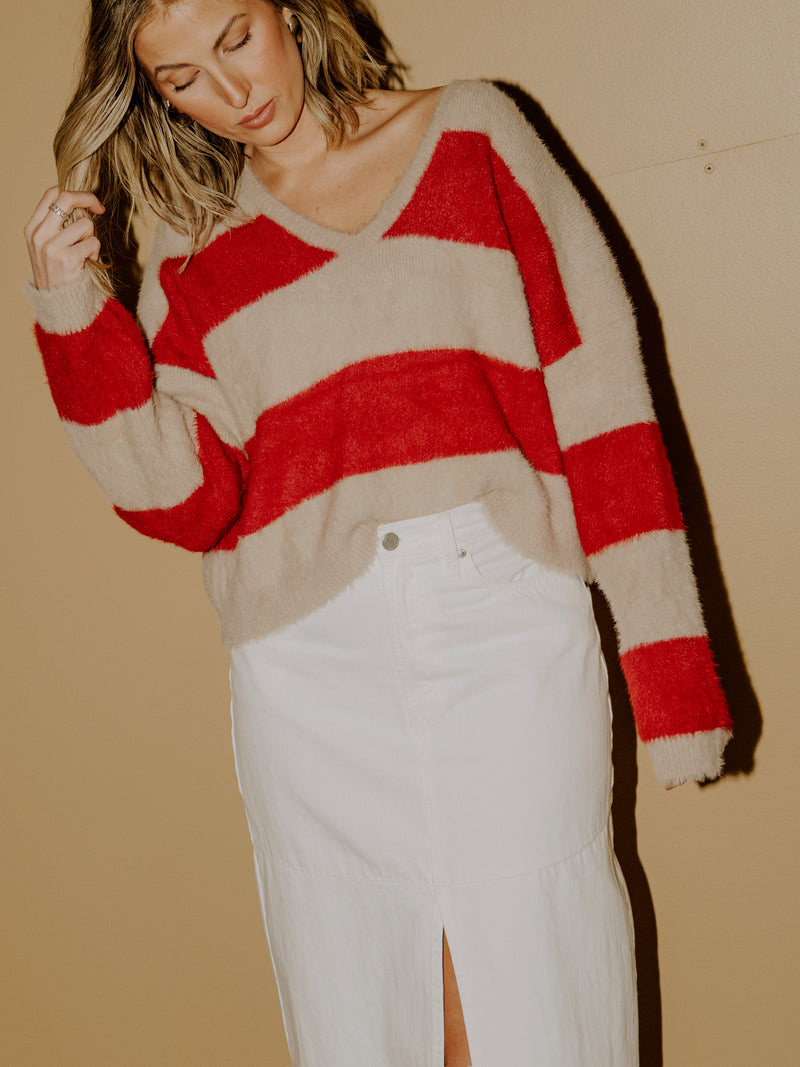 Heya Stripe Pullover - Red/Taupe