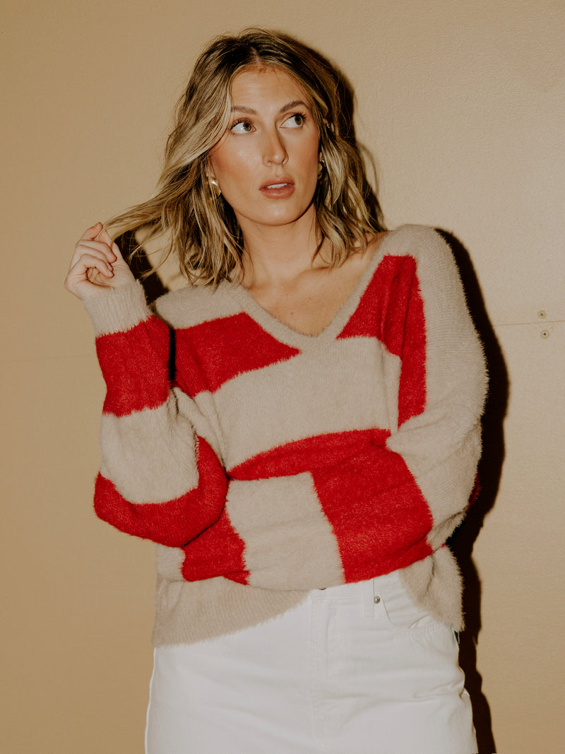 Heya Stripe Pullover - Red/Taupe