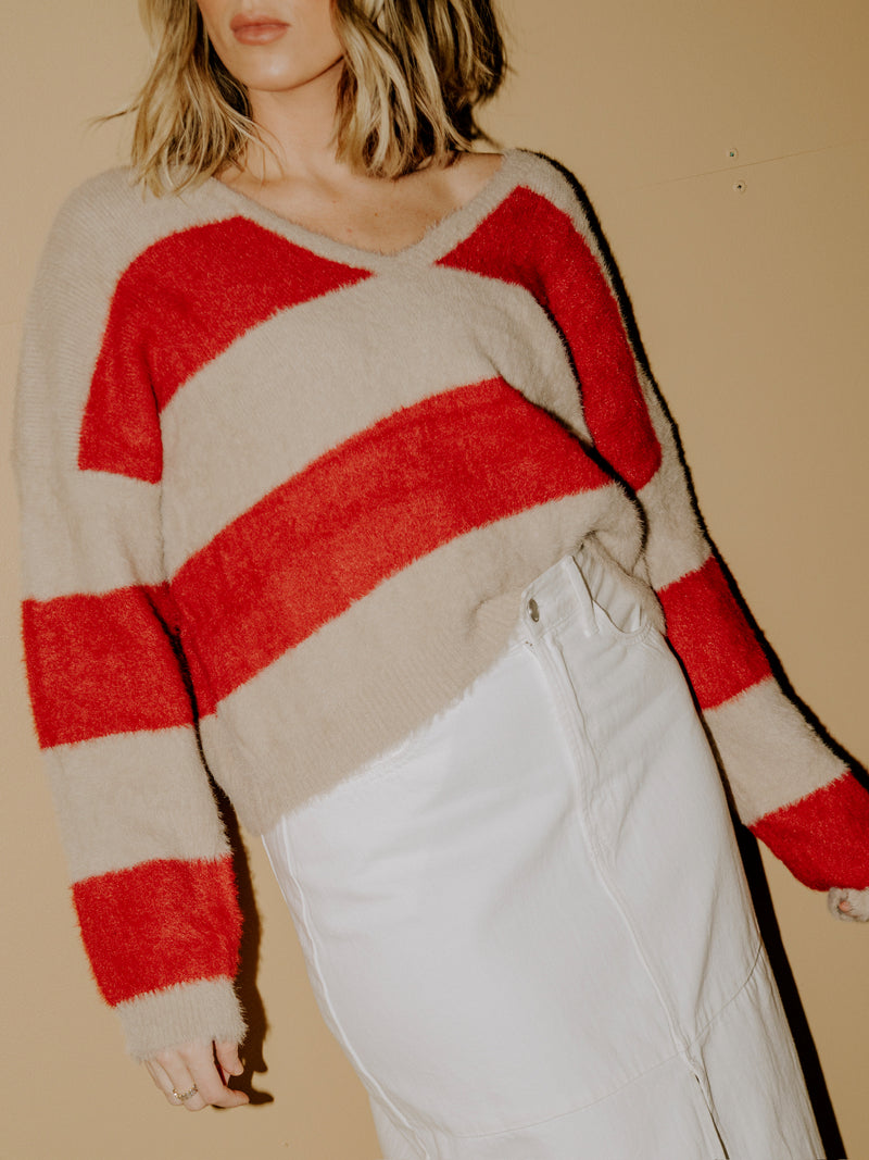 Heya Stripe Pullover - Red/Taupe