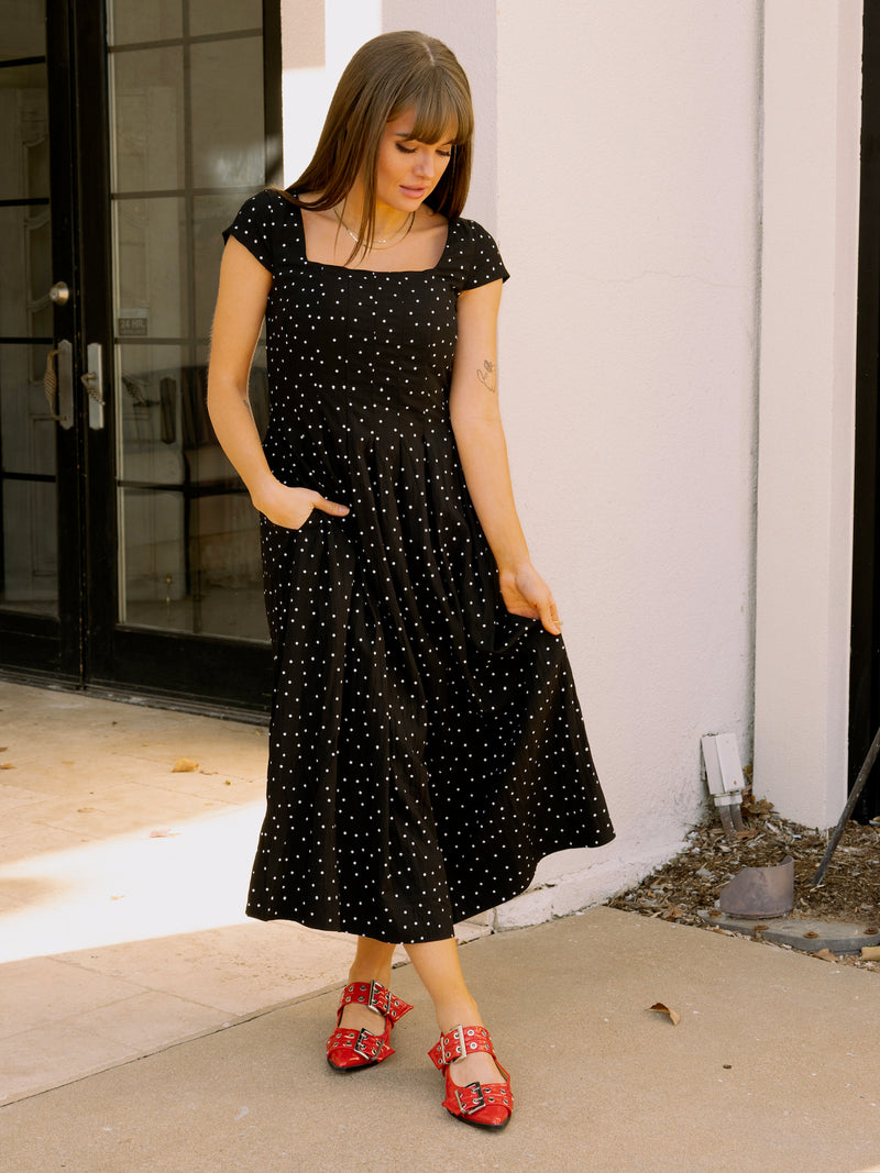 Black Polka Dot Pleated Midi Dress