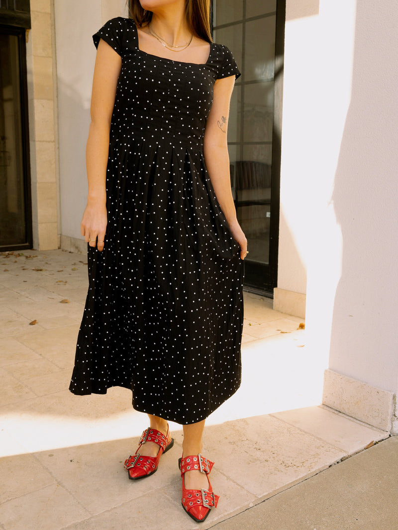 Black Polka Dot Pleated Midi Dress