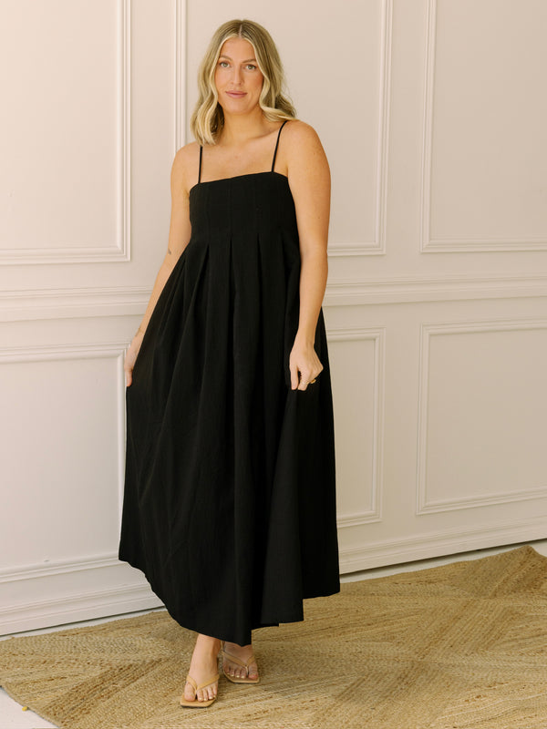 To the Pleat Black Midi Dress