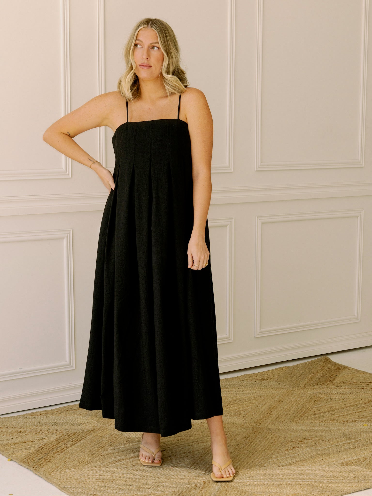 To the Pleat Black Midi Dress