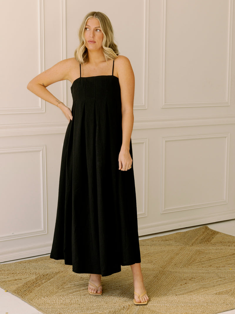 To the Pleat Black Midi Dress