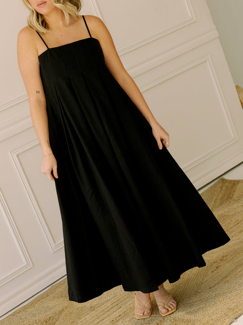 To the Pleat Black Midi Dress