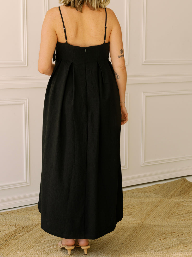 To the Pleat Black Midi Dress