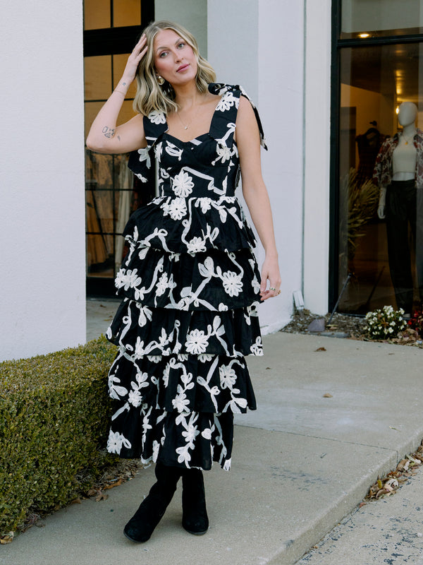 Black & White Floral Embroidered Midi Dress