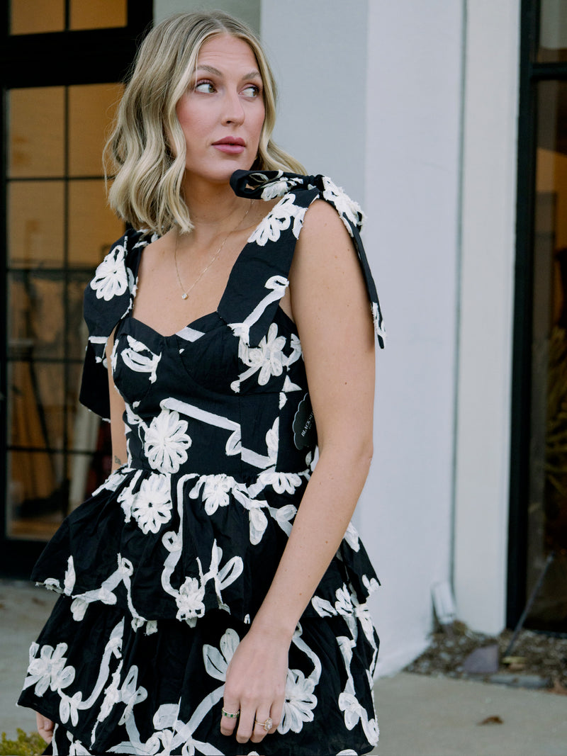 Black & White Floral Embroidered Midi Dress