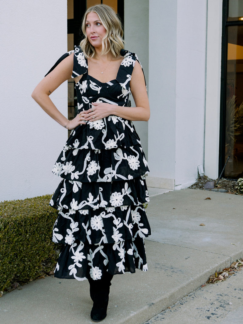 Black & White Floral Embroidered Midi Dress