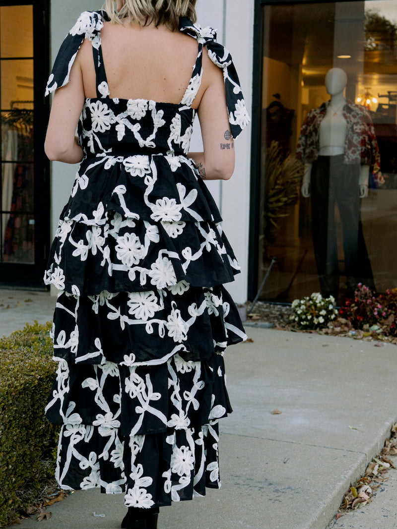 Black & White Floral Embroidered Midi Dress