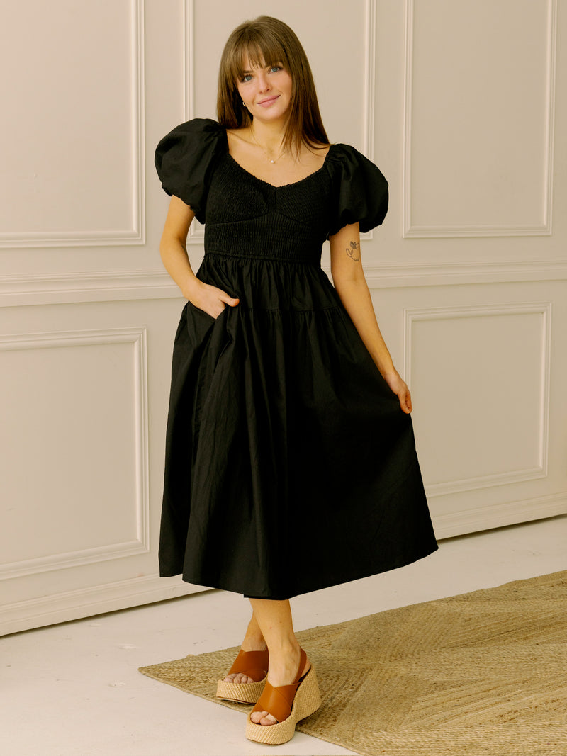 Black Poplin Smocked Midi Dress