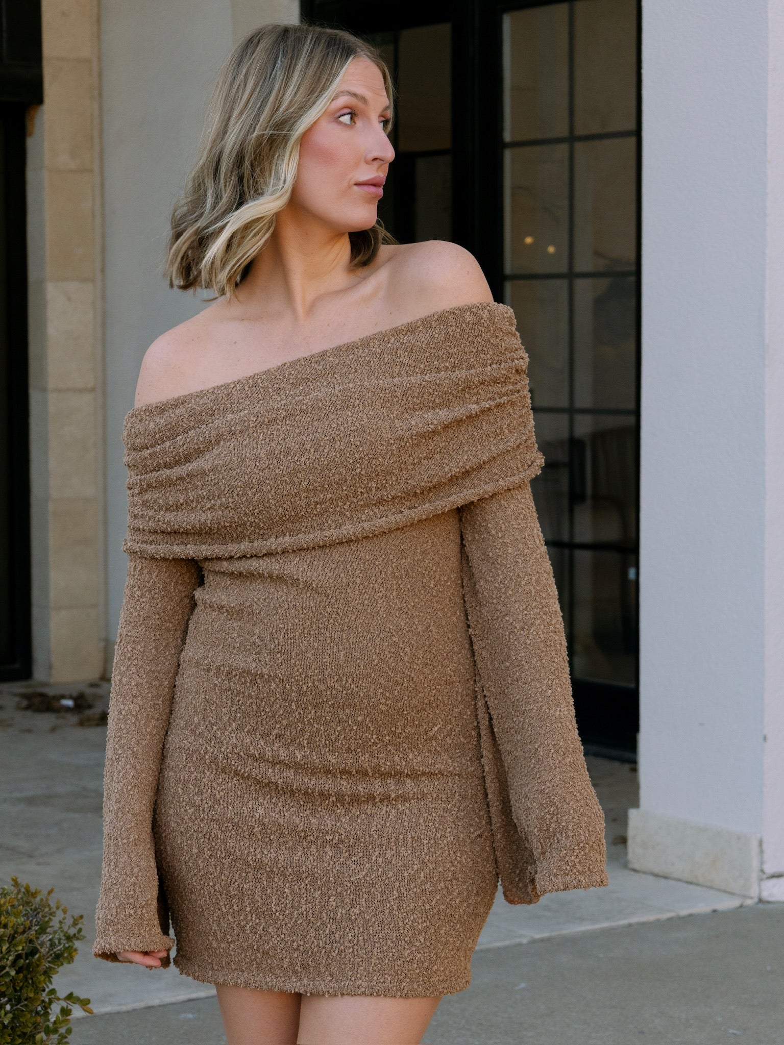 Toffee Off the Shoulder Boucle  Dress