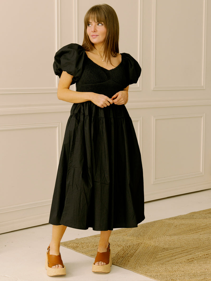 Black Poplin Smocked Midi Dress