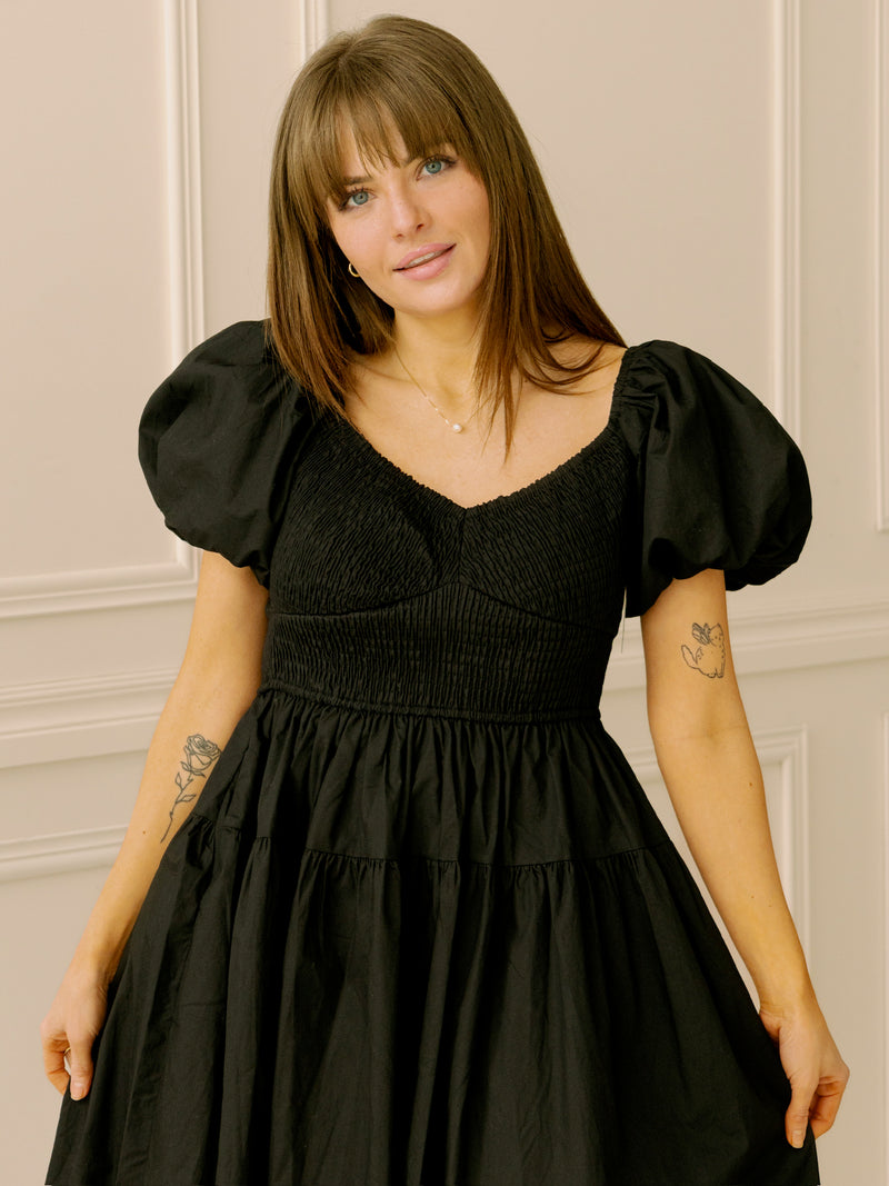 Black Poplin Smocked Midi Dress