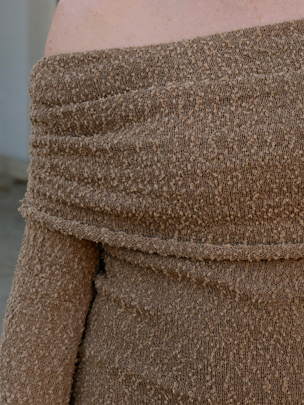 Toffee Off the Shoulder Boucle  Dress