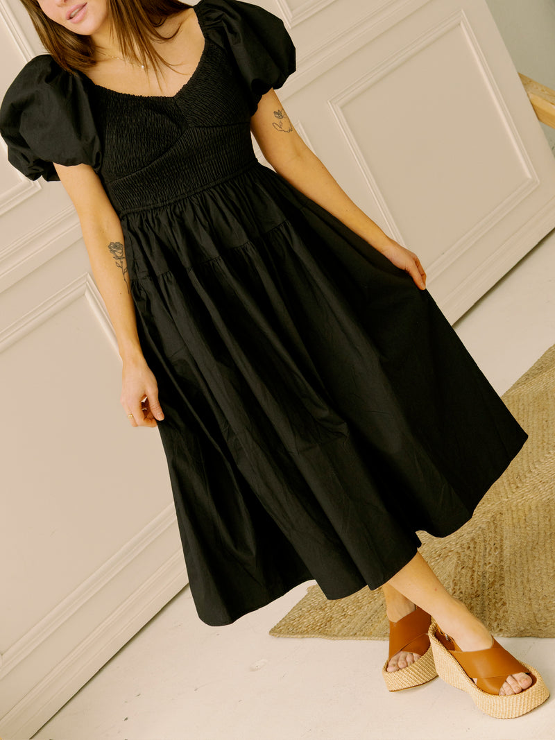 Black Poplin Smocked Midi Dress