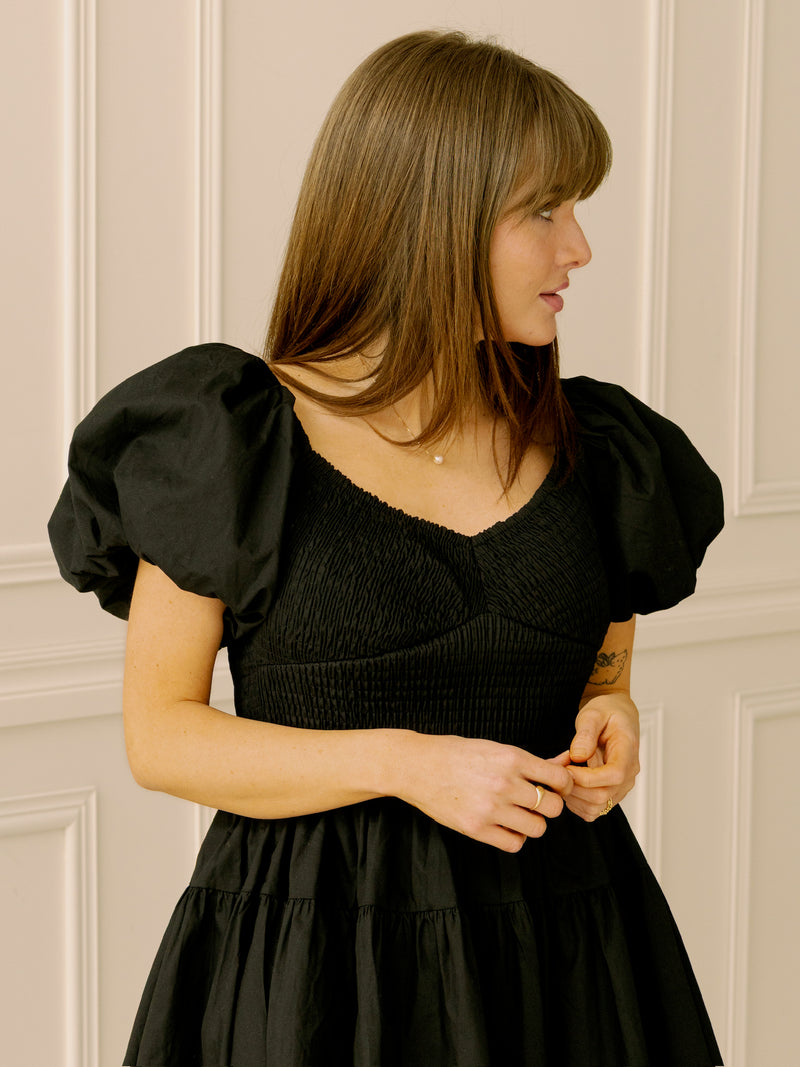Black Poplin Smocked Midi Dress