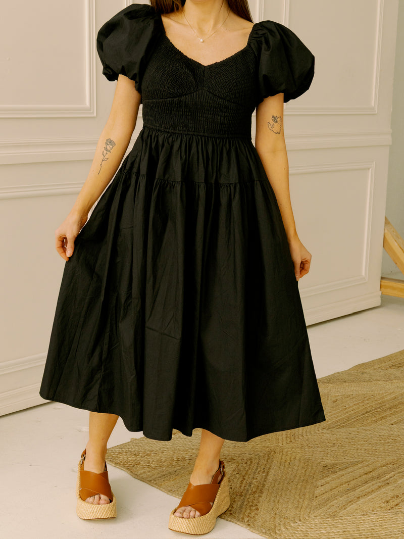 Black Poplin Smocked Midi Dress