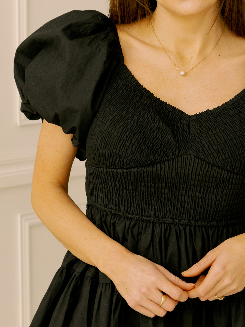 Black Poplin Smocked Midi Dress