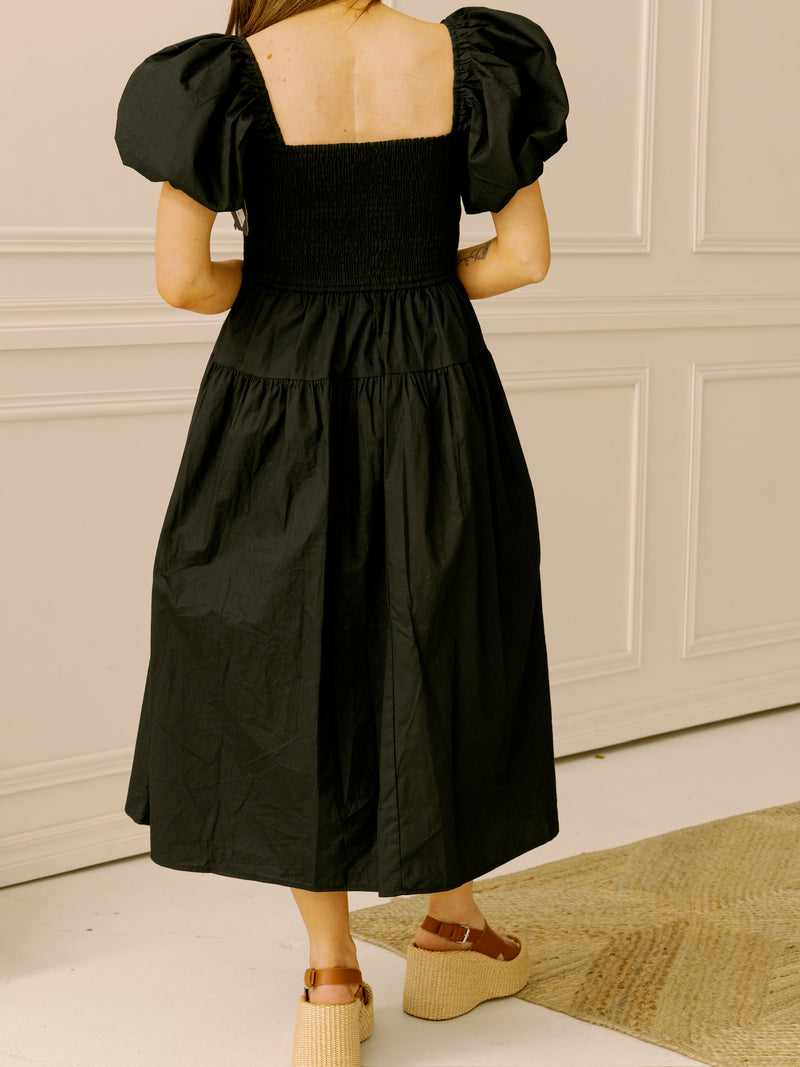 Black Poplin Smocked Midi Dress