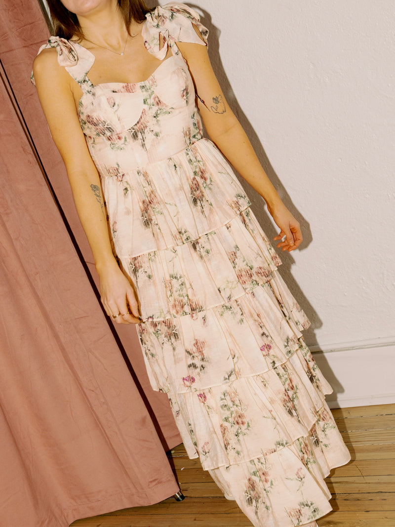 Vintage Floral Tiered Midi Dress
