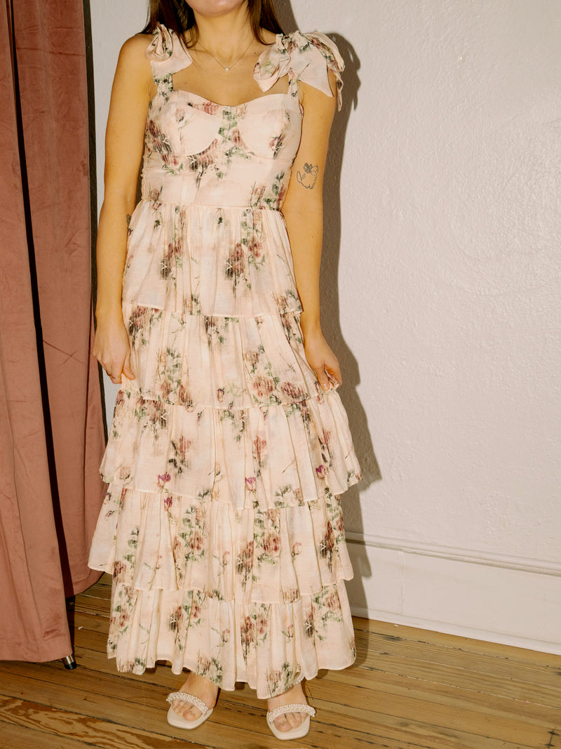 Vintage Floral Tiered Midi Dress