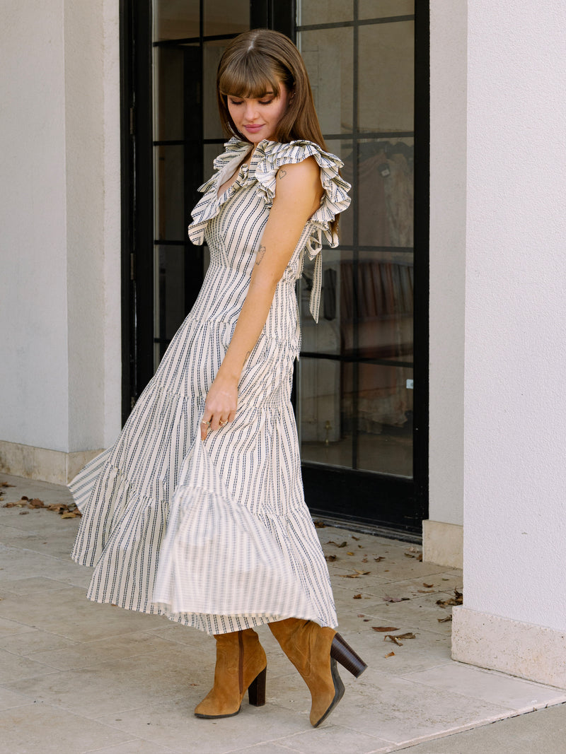 Striped Flutter Sleeve Midi Dress