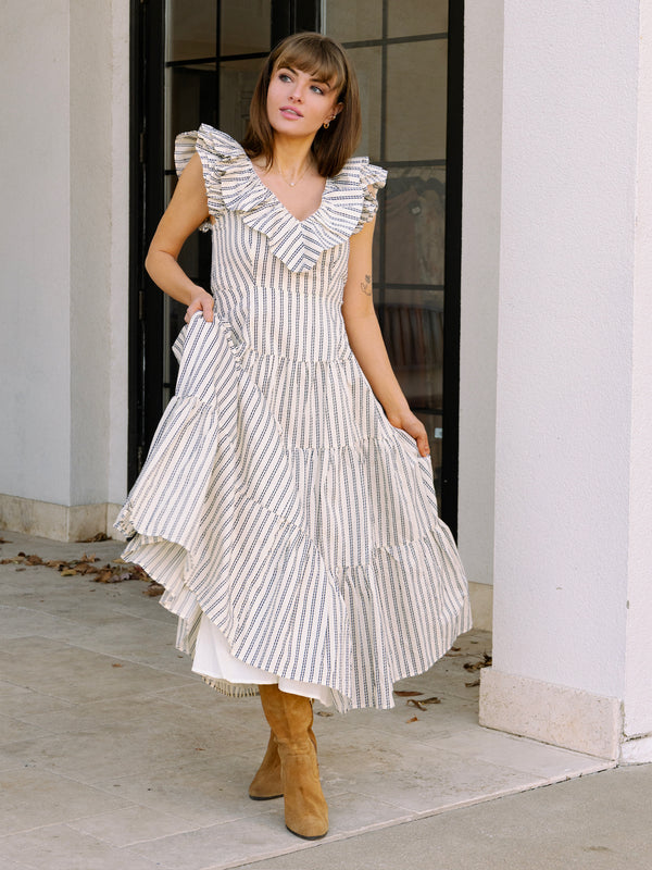 Striped Flutter Sleeve Midi Dress