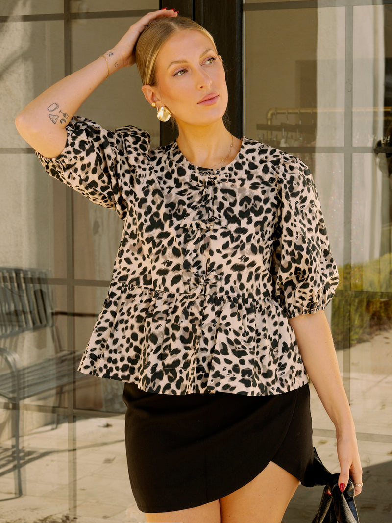 Leopard Puff Sleeve Peplum