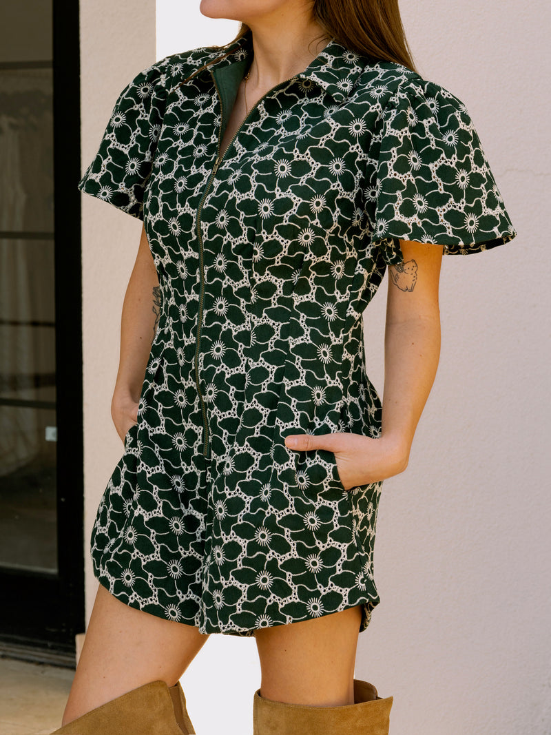 Green Pleated Twill Romper