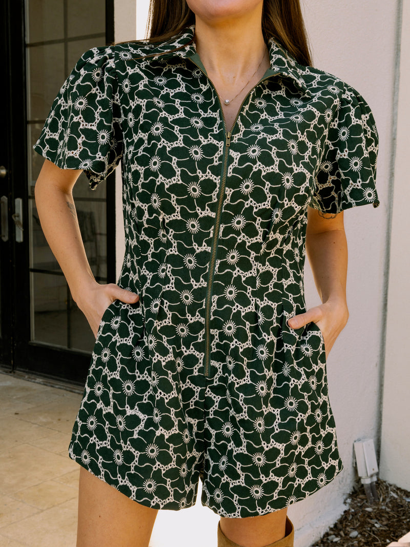 Green Pleated Twill Romper