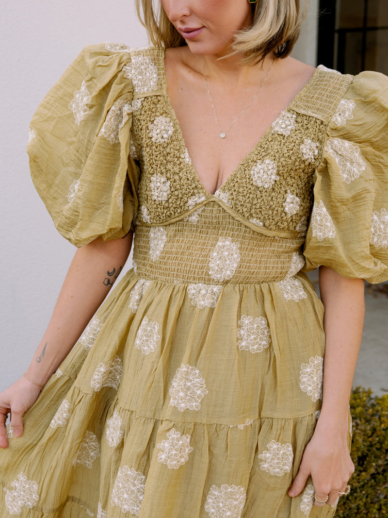 Olive Embroidered Smocked Midi Dress