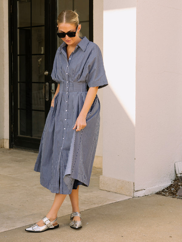 Pleated Shirt Midi Dress - Navy