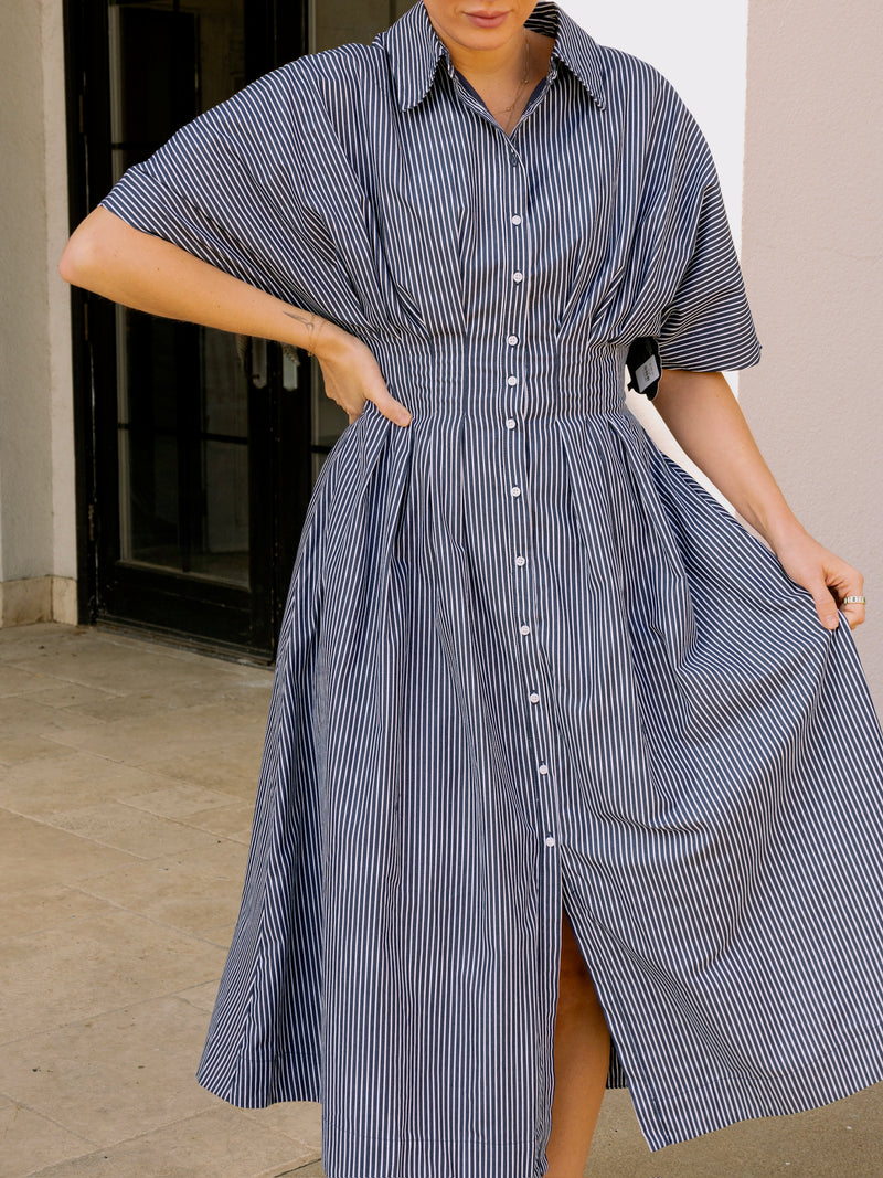 Pleated Shirt Midi Dress - Navy