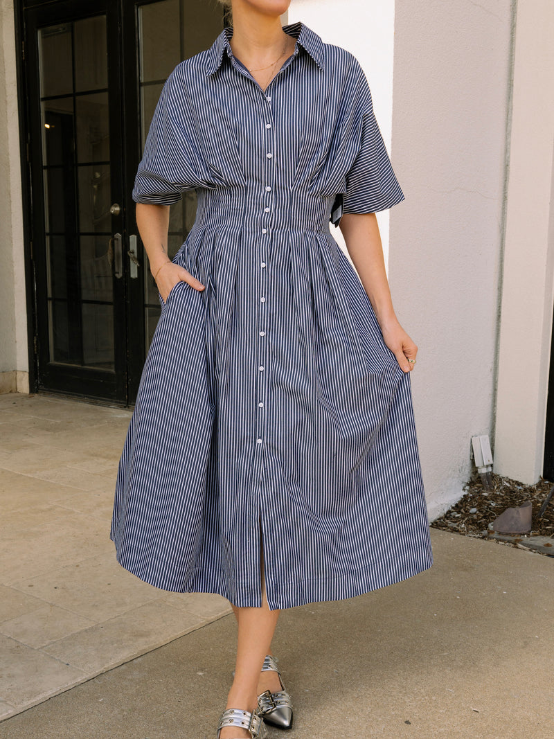 Pleated Shirt Midi Dress - Navy