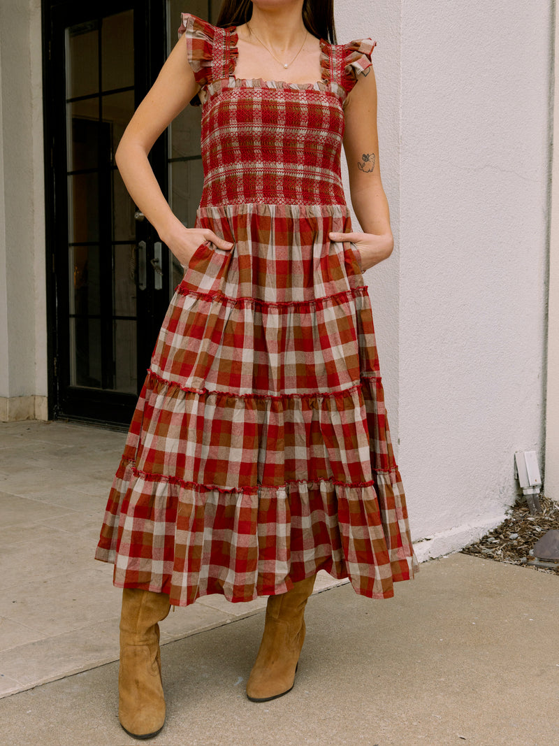 Plaid Smocked Midi Dress