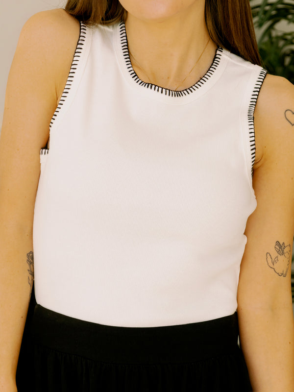 Stitched Trim White Tank