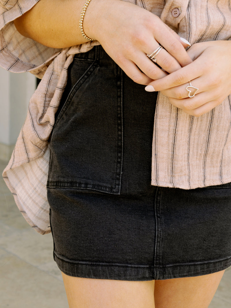 Black Cargo Denim Skirt