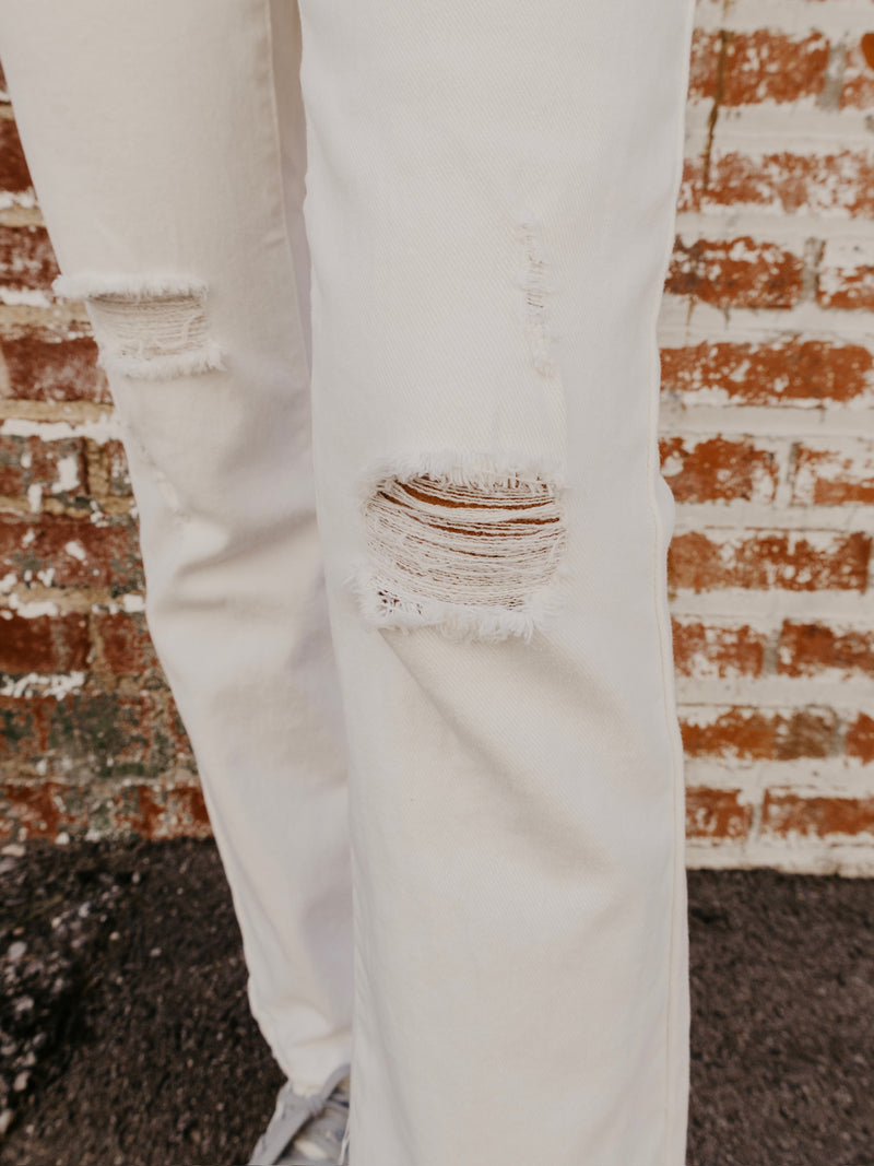 Risen Jeans White Distressed Straight Leg